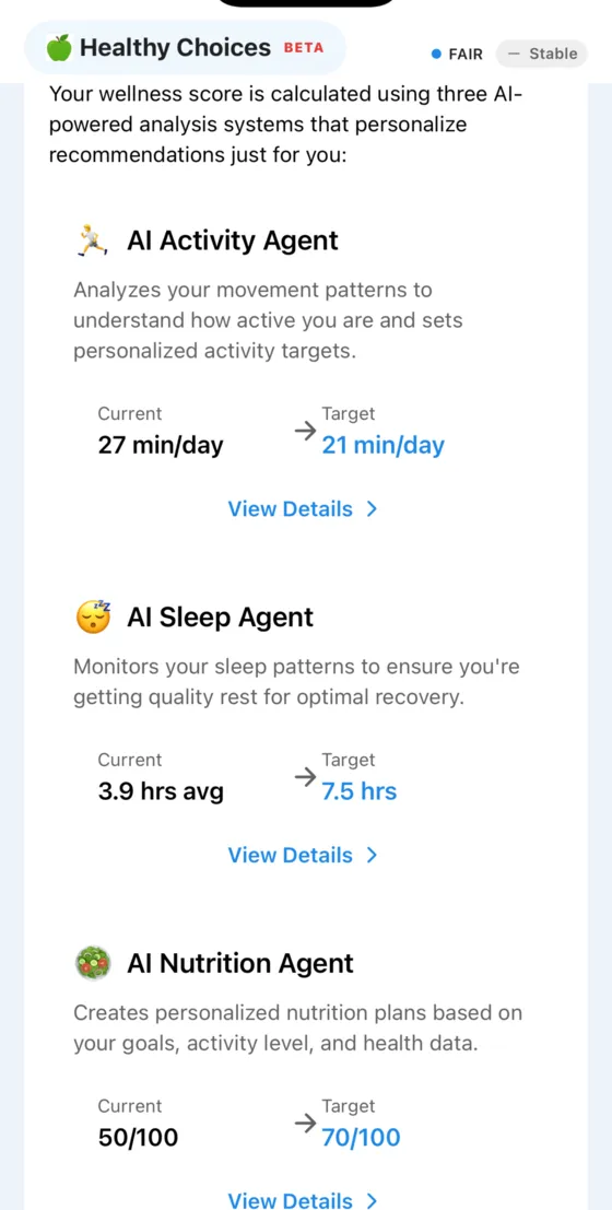 Three AI agents — Activity, Sleep, and Nutrition — showing current metrics versus personalized targets