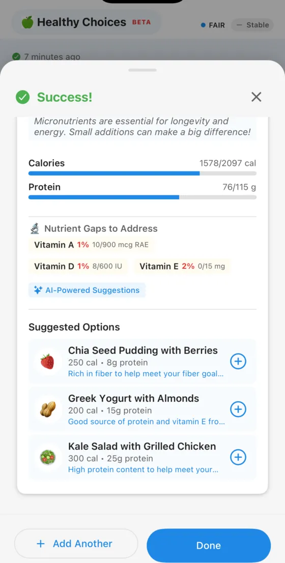 AI nutrition insights showing calorie and protein tracking with personalized meal suggestions like Chia Seed Pudding and Greek Yogurt