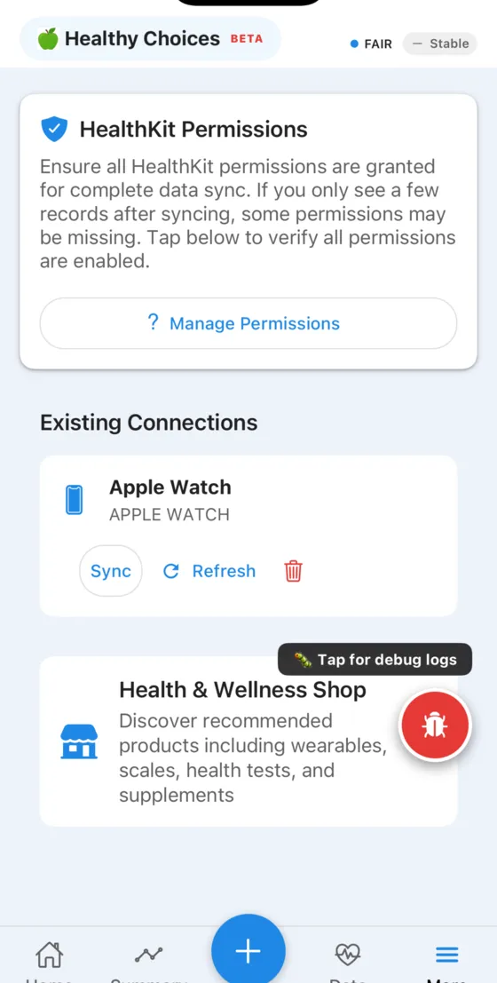 Apple Watch integration showing HealthKit permissions and data connection with sync controls