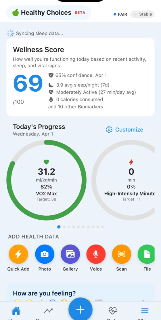 Home dashboard showing Wellness Score of 69, VO2 Max progress wheel, and 6 input methods for logging health data