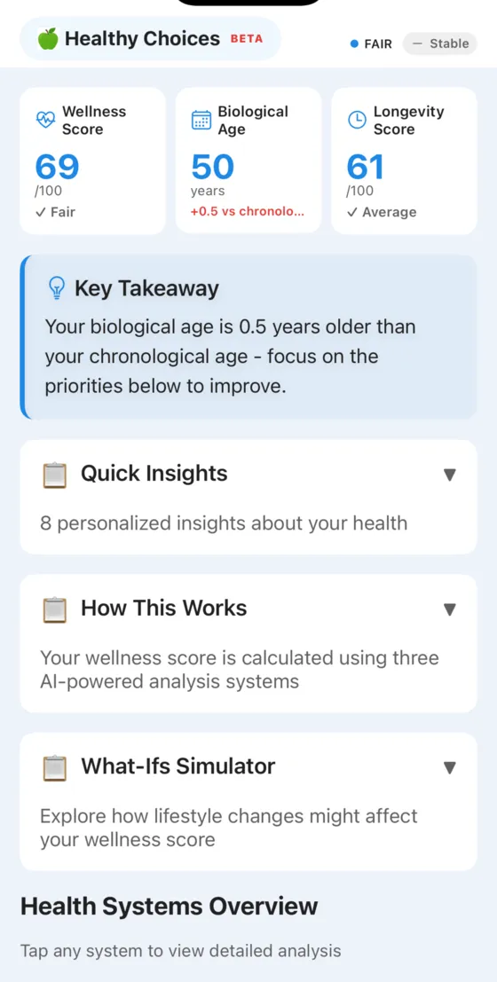 Wellness Summary showing Biological Age of 50, Wellness Score of 69, and Longevity Score of 61 with quick insights and health systems overview